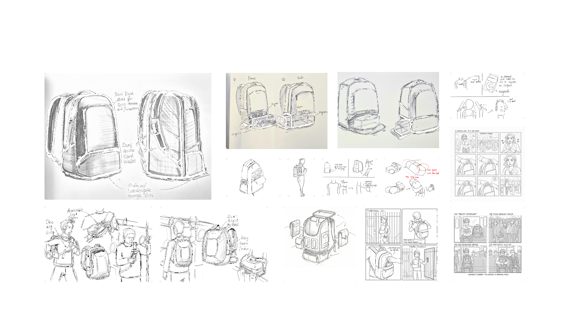 Ideation sketches — backpack concepts, storyboards, and form studies